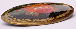 Vintage Russian Wooden Hand Painted Black Lacquer Brooch